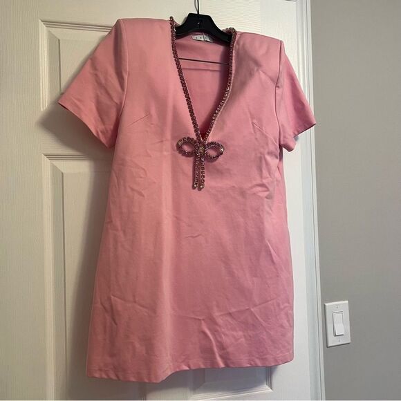 Area Crystal Bow V-Neck Ponte Knit T-Shirt Minidress - Picture 2 of 5